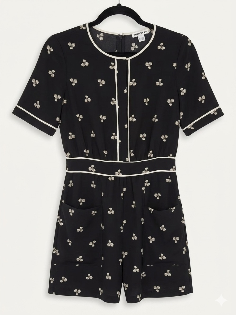 Whistles Women’s Silk Trim Black Romper w/Whimsical Cream Floral Design size 4 - Picture 1 of 8